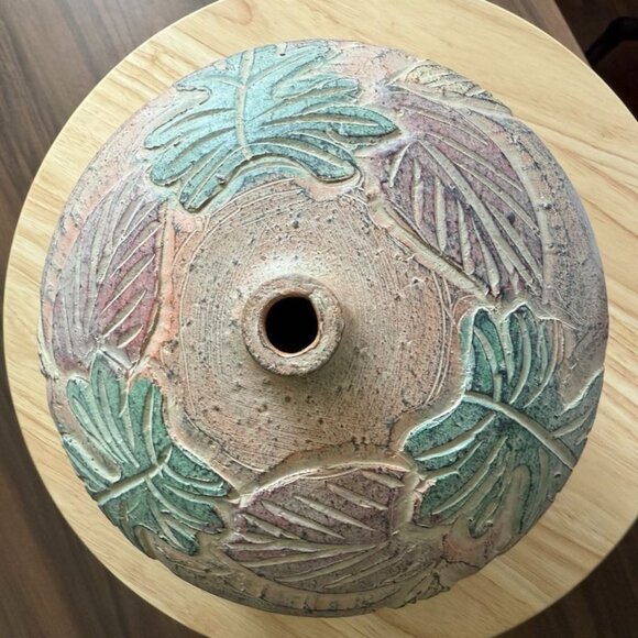 Handcrafted Thai Ceramic Vase With Leaf Relief Design - 7" Tall X 8" Wide - Mult - Picture 7 of 10